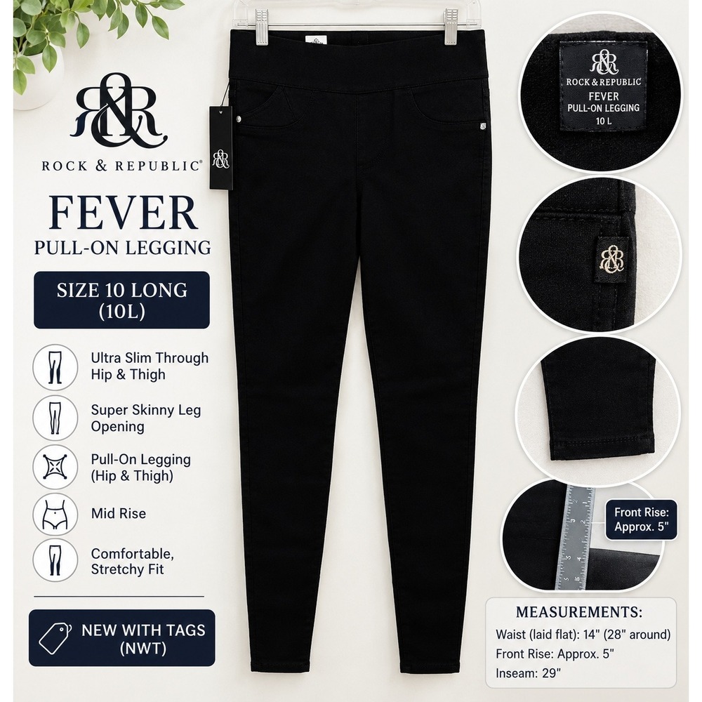 Rock & Republic Fever‎ Pull On Legging Black Denim Rx Super Skinny Pants 10L NWT